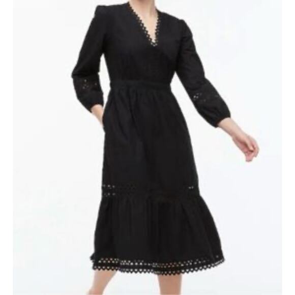 J. Crew Eyelet-Trim Black Midi Dress Cotton Poplin Size Medium - Picture 2 of 10